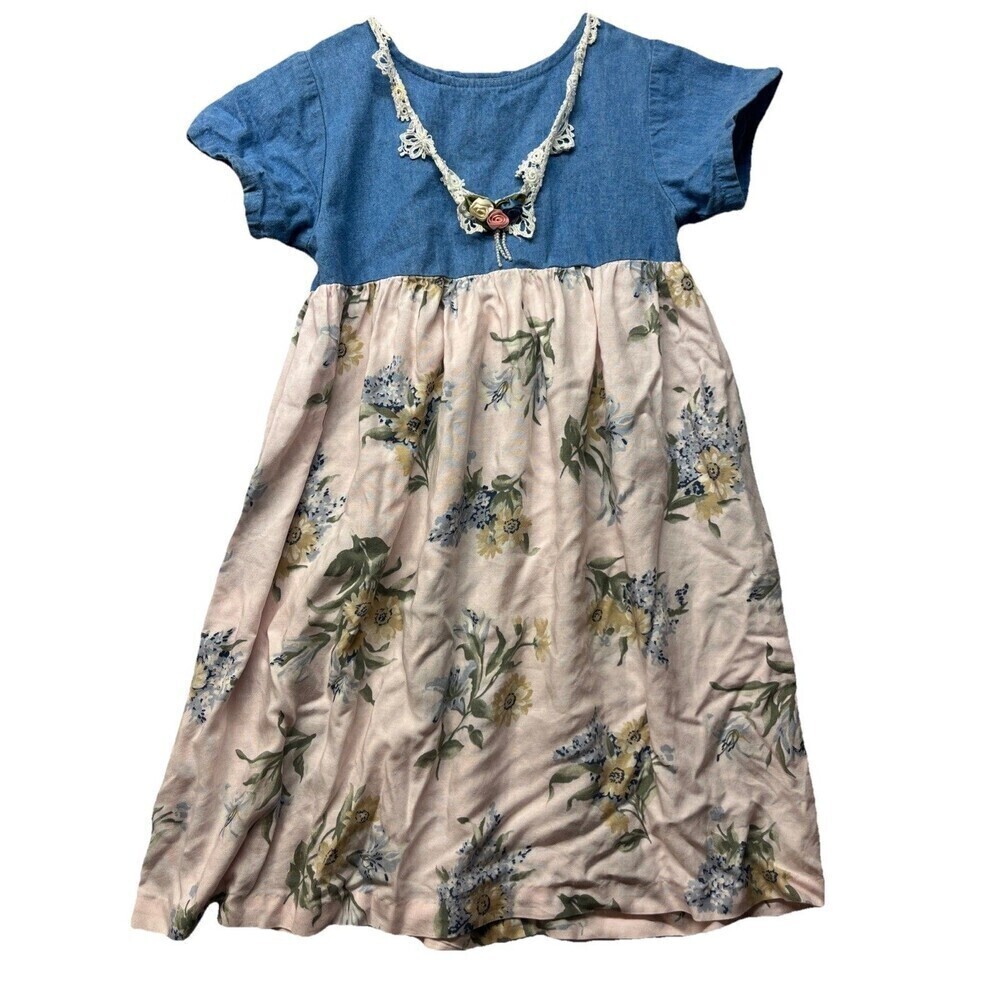 Vtg Moments by Jo Lene Girls Black Floral Dress Lace Floral Denim accents 6X USA